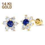 14K Yellow Gold Simulated Blue Sapphire CZ Flower Stud Earrings with Screw Back, Best Anniversary Birthday Gift for Her