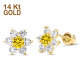 14K Yellow Gold Simulated Yellow CZ Flower Stud Earrings with Screw Back, Best Anniversary Birthday Gift for Her