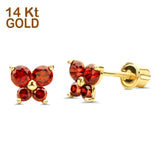 14K Yellow Gold Simulated Garnet CZ Butterfly Stud Earrings with Screw Back, Best Birthday Gift for Her