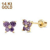 14K Yellow Gold Simulated Amethyst CZ Butterfly Stud Earrings with Screw Back, Best Birthday Gift for Her