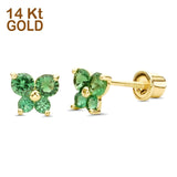 14K Yellow Gold Simulated Green Emerald CZ Butterfly Stud Earrings with Screw Back, Best Birthday Gift for Her