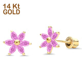 Solid 14K Yellow Gold Flower Stud Earrings Simulated Pink CZ With Screw Back