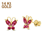 14K Yellow Gold Ruby CZ Butterfly Stud Earrings with Screw Back - Best Birthday Gift for Her