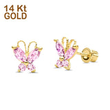 14K Yellow Gold Pink CZ Butterfly Stud Earrings with Screw Back - Best Birthday Gift for Her