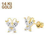 14K Yellow Gold Cubic Zirconia Butterfly Stud Earrings with Screw Back - Best Birthday Gift for Her