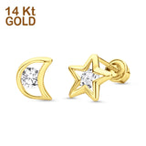 14K Yellow Gold 7mm Open Star and Moon Stud Earrings with Screw Back