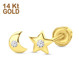 14K Yellow Gold 4mm Moon and Star Stud Earrings Simulated CZ with Screw Back