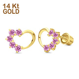 Solid 14K Yellow Gold Heart Stud Earrings Simulated Pink CZ with Screw Back