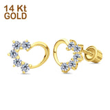 Solid 14K Yellow Gold Heart Stud Earrings Simulated Cubic Zirconia with Screw Back