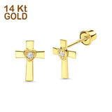 14K Yellow Gold Cross Heart Stud Earrings with Screw Back