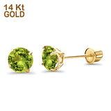 14K Yellow Gold 5mm Round Solitaire Basket Set Simulated Peridot CZ Stud Earrings with Screw Back, Best Birthday Gift for Her