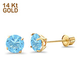 14K Yellow Gold 5mm Round Solitaire Basket Set Simulated Blue Topaz CZ Stud Earrings with Screw Back, Best Birthday Gift for Her