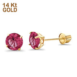 14K Yellow Gold 5mm Round Solitaire Basket Set Simulated Ruby CZ Stud Earrings with Screw Back, Best Birthday Gift for Her