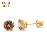 14K Yellow Gold 5mm Round Solitaire Basket Set Simulated Champagne CZ Stud Earrings with Screw Back, Best Birthday Gift for Her
