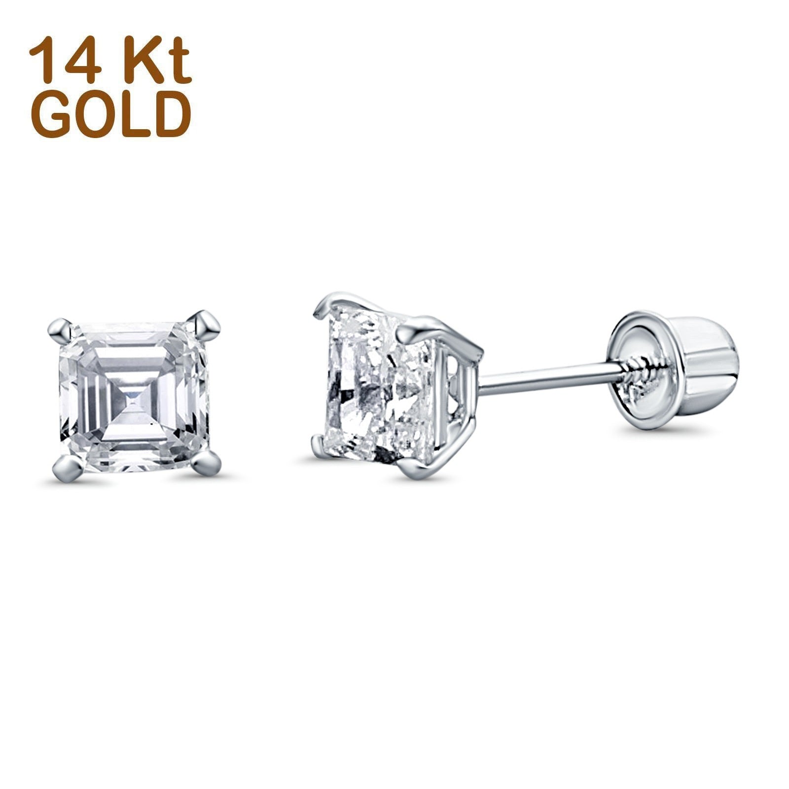 14k White Gold Diamond Square Screw Back Post Earrings