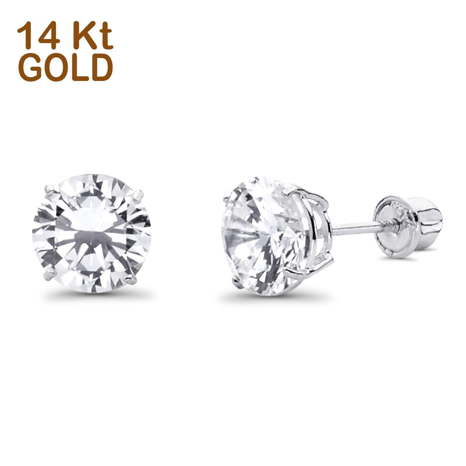 14K White Gold Round Solitaire Basket Set Stud Earrings with Screw Bac