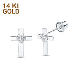 14K White Gold Cross Heart Stud Earrings with Screw Back