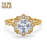 14K Yellow Gold Art Deco Wedding Ring Cushion Cut Simulated Cubic Zirconia