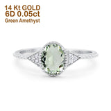 14K White Gold 1.26ct Oval Art Deco 8mmx6mm G SI Natural Green Amethyst Diamond Engagement Wedding Ring Size 6.5