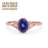 14K Rose Gold 1.26ct Oval Art Deco 8mmx6mm G SI Lab Blue Sapphire Diamond Engagement Wedding Ring Size 6.5