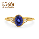 14K Yellow Gold 1.26ct Oval Art Deco 8mmx6mm G SI Lab Blue Sapphire Diamond Engagement Wedding Ring Size 6.5