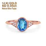 14K Rose Gold 1.26ct Oval Art Deco 8mmx6mm G SI Natural Blue Topaz Diamond Engagement Wedding Ring Size 6.5