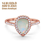 14K Rose Gold 0.23ct Teardrop Pear 8mmx6mm G SI Natural White Opal Diamond Engagement Wedding Ring Size 6.5