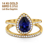 14K Yellow Gold 1.62ct Pear 8mmx6mm G SI Nano Blue Sapphire Diamond Bridal Engagement Wedding Ring Size 6.5