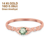 14K Rose Gold 0.33ct Round Petite Dainty Art Deco 4mm G SI Natural Green Amethyst Diamond Engagement Wedding Ring Size 6.5