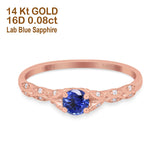 14K Rose Gold 0.33ct Round Petite Dainty Art Deco 4mm G SI Lab Blue Sapphire Diamond Engagement Wedding Ring Size 6.5