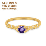 14K Yellow Gold 0.33ct Round Petite Dainty Art Deco 4mm G SI Natural Amethyst Diamond Engagement Wedding Ring Size 6.5