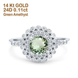 14K White Gold 0.77ct Halo Art Deco Round 5.5mm G SI Natural Green Amethyst Diamond Engagement Wedding Ring Size 6.5