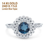 14K White Gold 0.77ct Halo Art Deco Round 5.5mm G SI London Blue Topaz Diamond Engagement Wedding Ring Size 6.5