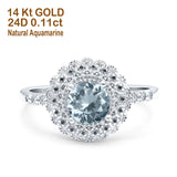 14K White Gold 0.77ct Halo Art Deco Round 5.5mm G SI Natural Aquamarine Diamond Engagement Wedding Ring Size 6.5