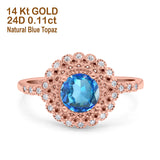 14K Rose Gold 0.77ct Halo Art Deco Round 5.5mm G SI Natural Blue Topaz Diamond Engagement Wedding Ring Size 6.5