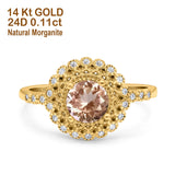 14K Yellow Gold 0.77ct Halo Art Deco Round 5.5mm G SI Natural Morganite Diamond Engagement Wedding Ring Size 6.5