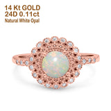 14K Rose Gold 0.11ct Halo Art Deco Round 5.5mm G SI Natural White Opal Diamond Engagement Wedding Ring Size 6.5