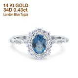 14K White Gold 1.19ct Vintage Art Deco Halo Oval 7mmx5mm G SI London Blue Topaz Diamond Engagement Wedding Ring Size 6.5