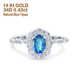 14K White Gold 1.19ct Vintage Art Deco Halo Oval 7mmx5mm G SI Natural Blue Topaz Diamond Engagement Wedding Ring Size 6.5