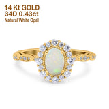 14K Yellow Gold 0.43ct Vintage Art Deco Halo Oval 7mmx5mm G SI Natural White Opal Diamond Engagement Wedding Ring Size 6.5
