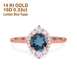 14K Rose Gold 1.61ct Halo Vintage Round 7mm G SI London Blue Topaz Diamond Engagement Wedding Ring Size 6.5