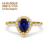 14K Yellow Gold 1.42ct Teardrop Pear Halo 8mmx6mm G SI Lab Blue Sapphire Diamond Engagement Wedding Ring Size 6.5