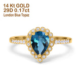 14K Yellow Gold 1.42ct Teardrop Pear Halo 8mmx6mm G SI London Blue Topaz Diamond Engagement Wedding Ring Size 6.5