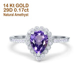 14K White Gold 1.42ct Teardrop Pear Halo 8mmx6mm G SI Natural Amethyst Diamond Engagement Wedding Ring Size 6.5