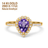 14K Yellow Gold 1.42ct Teardrop Pear Halo 8mmx6mm G SI Natural Amethyst Diamond Engagement Wedding Ring Size 6.5