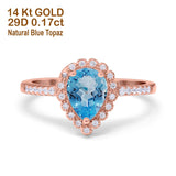 14K Rose Gold 1.42ct Teardrop Pear Halo 8mmx6mm G SI Natural Blue Topaz Diamond Engagement Wedding Ring Size 6.5