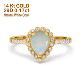 14K Yellow Gold 0.17ct Teardrop Pear Halo 8mmx6mm G SI Natural White Opal Diamond Engagement Wedding Ring Size 6.5