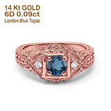 14K Rose Gold 0.15ct Round Antique Style 5mm G SI London Blue Topaz Diamond Engagement Wedding Ring Size 6.5