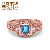 14K Rose Gold 0.15ct Round Antique Style 5mm G SI Natural Blue Topaz Diamond Engagement Wedding Ring Size 6.5