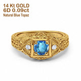 14K Yellow Gold 0.15ct Round Antique Style 5mm G SI Natural Blue Topaz Diamond Engagement Wedding Ring Size 6.5